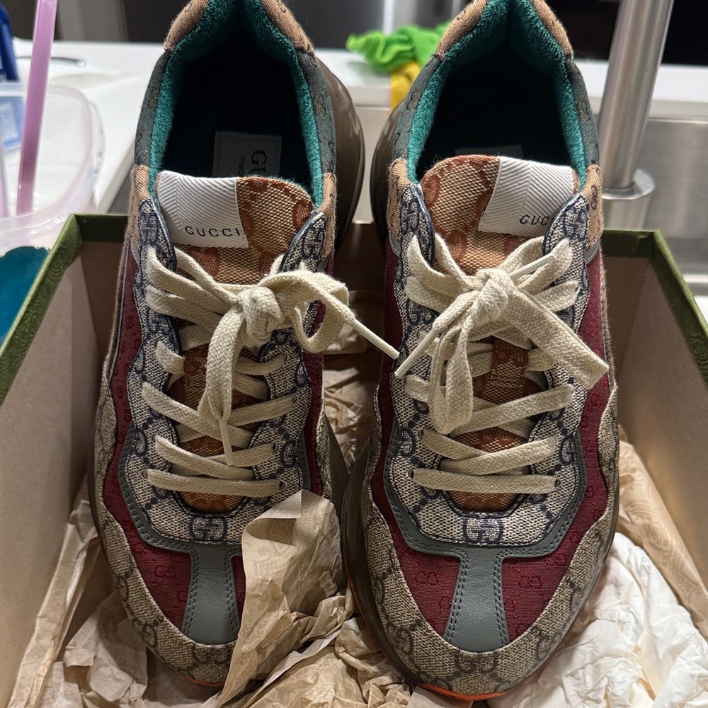 Authentic Rhython Gucci Burgundy and Beige Athletic Shoes